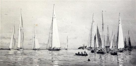 William Lionel Wyllie (1851-1931) 8 and 23 Meter becalmed off Cowes 6.75 x 13.75in.